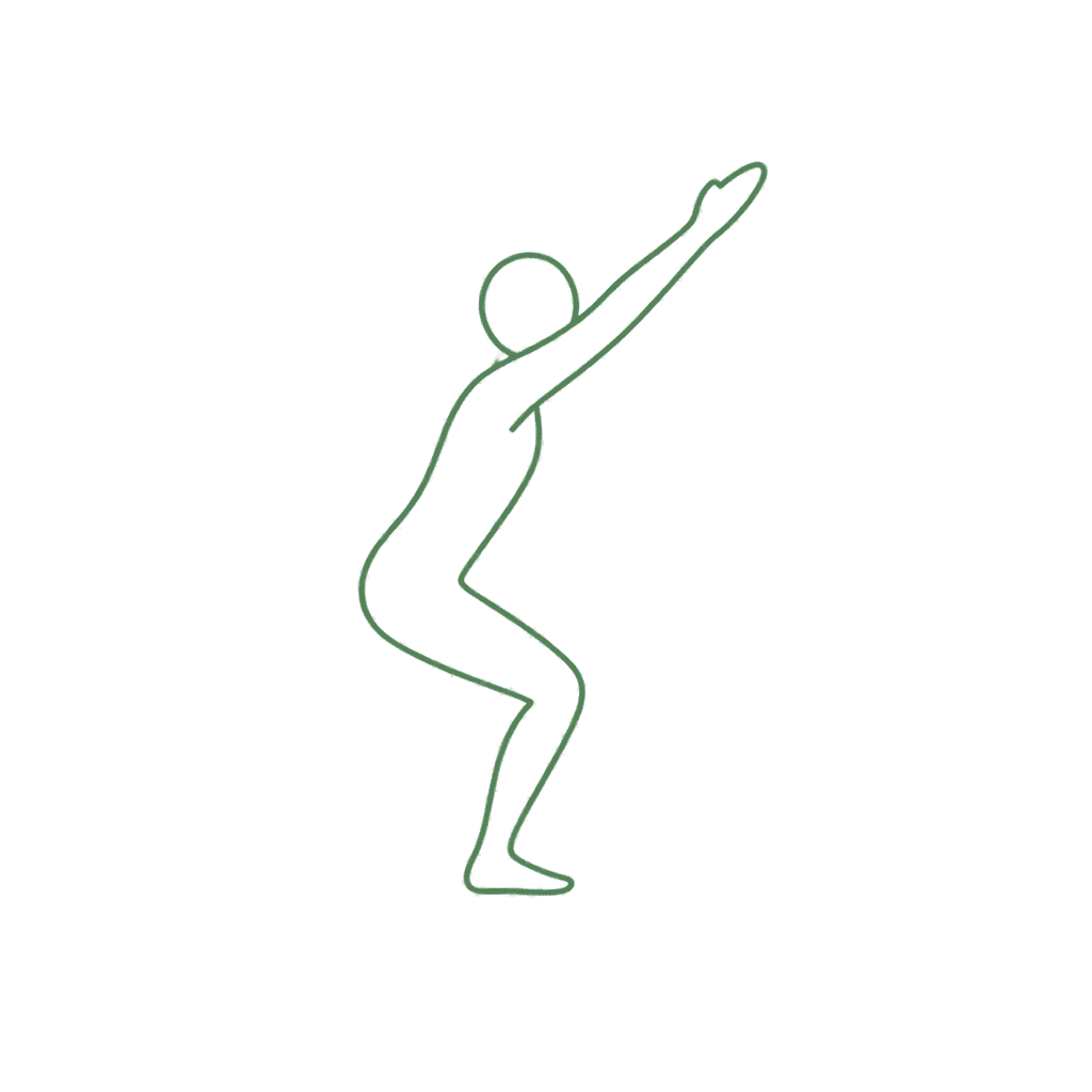 Chair pose with knees bent, hips back, and arms reaching overhead