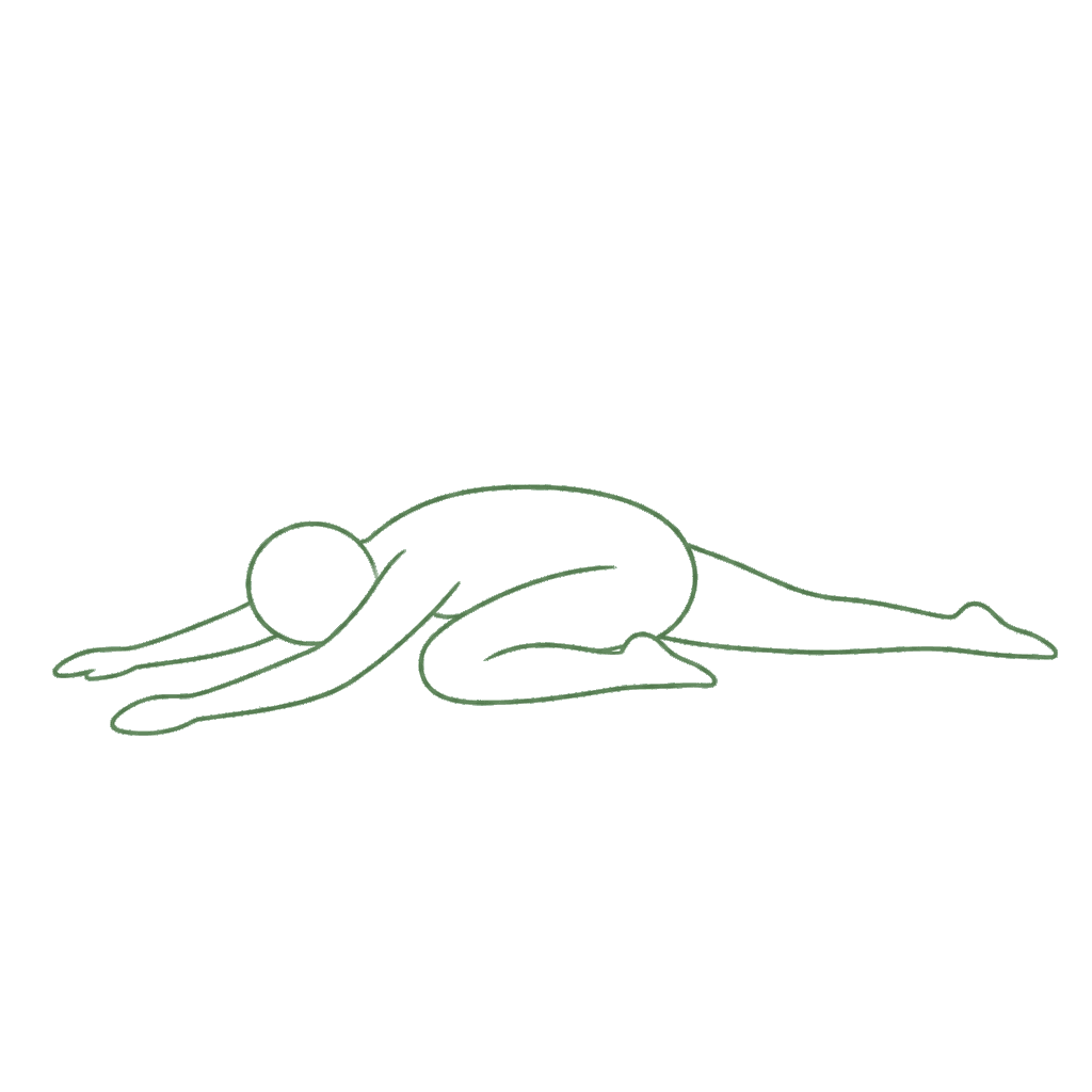Pigeon pose with one leg folded forward, the other extended back, and torso lowered