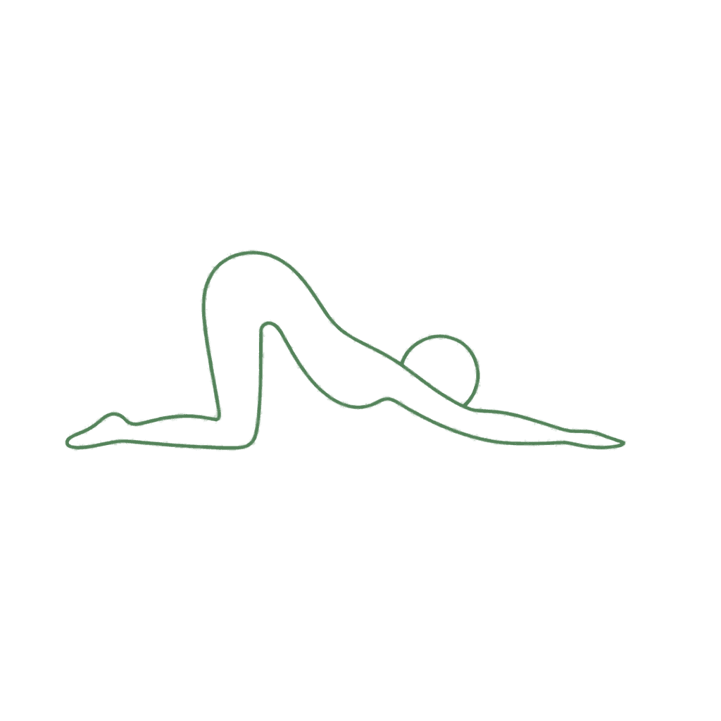 Puppy pose with hips above the knees and arms extended as the chest lowers