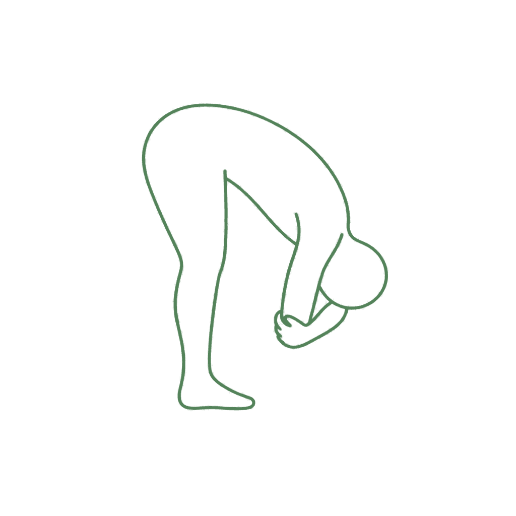 Standing forward fold with the torso lowered and hands holding opposite elbows